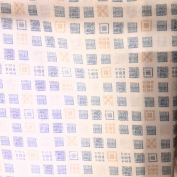 White Cotton Fabric with Blue & Beige Square Print