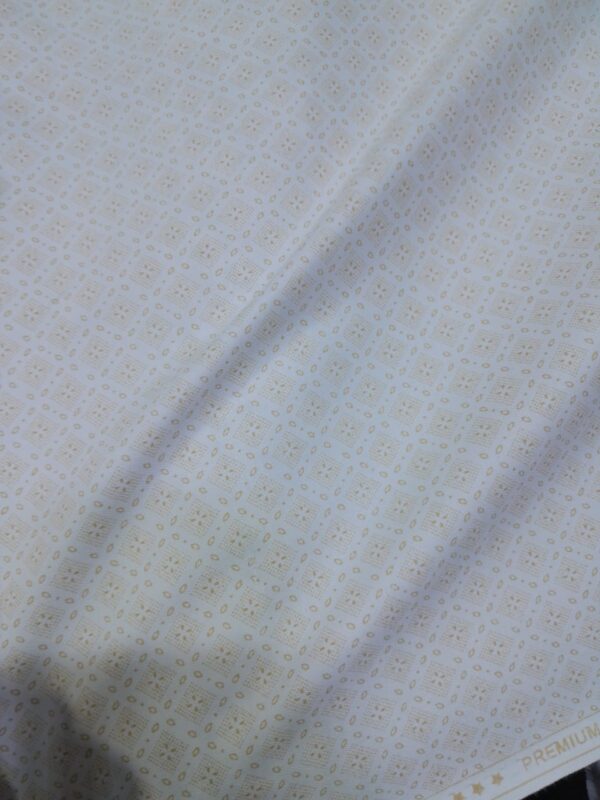 Premium White Cotton Jacquard Fabric with Beige Geometric Motif Design