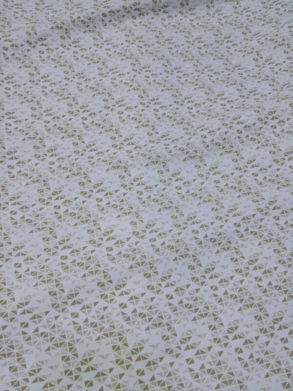 White Cotton Fabric with Geometric Triangle Print – Olive Green Edition