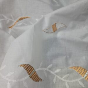White Cotton Chikan Embroidery Fabric with Golden Leaf Motif  Product Description: