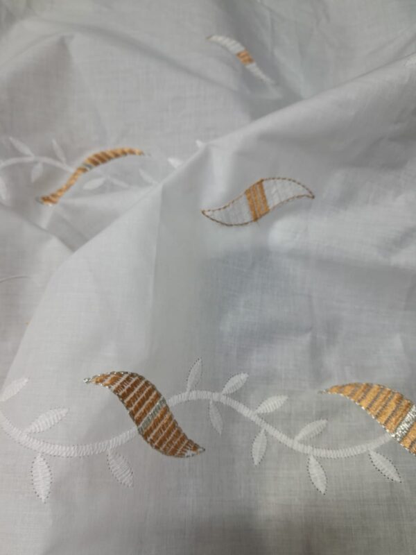 White Cotton Chikan Embroidery Fabric with Golden Leaf Motif  Product Description: