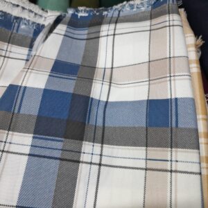 Blue, White & Beige Multicolor Twill Cotton Check Shirt Fabric