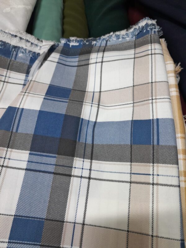 Blue, White & Beige Multicolor Twill Cotton Check Shirt Fabric