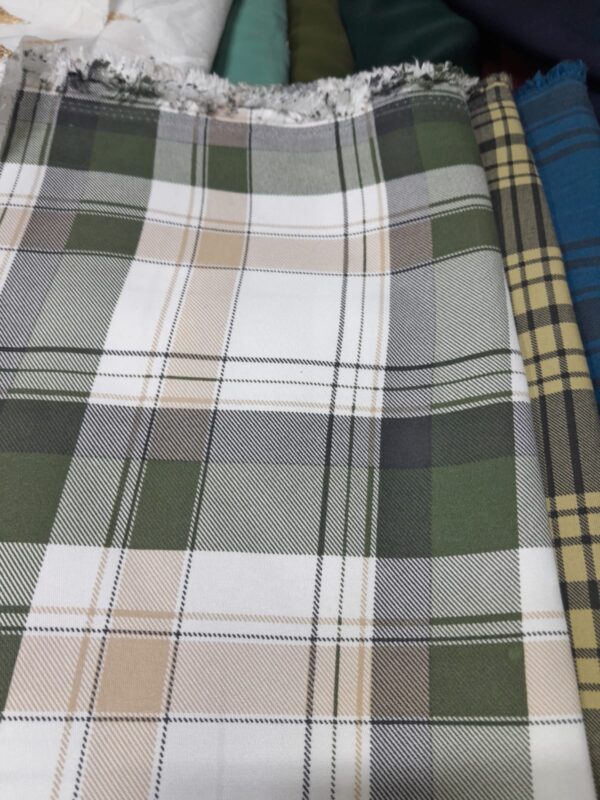 Premium Twill Cotton Shirt Piece – Olive Green, Beige & White Checkered Fabric