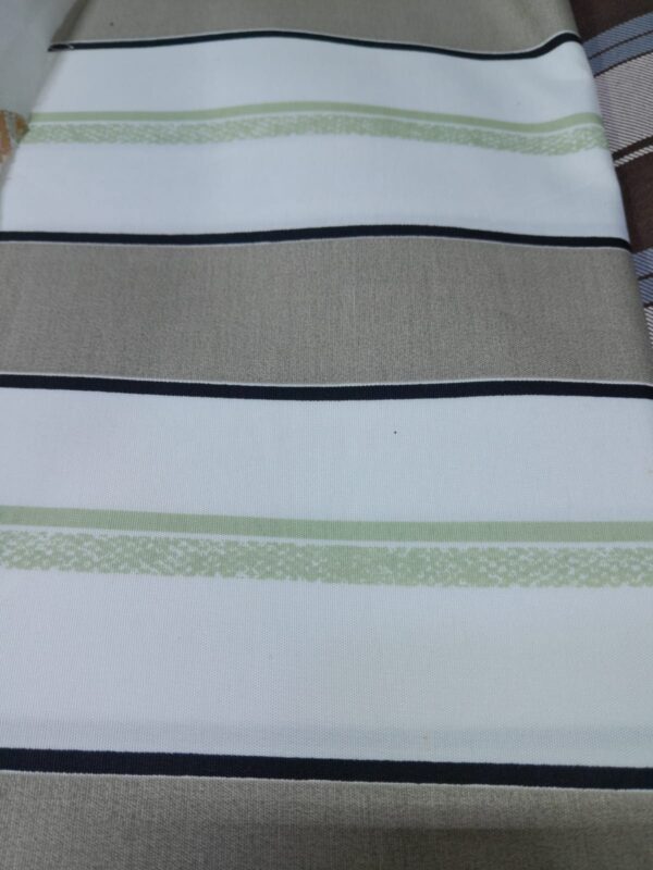 Beige & White Striped Fabric with Green Accent – Cotton Blend"